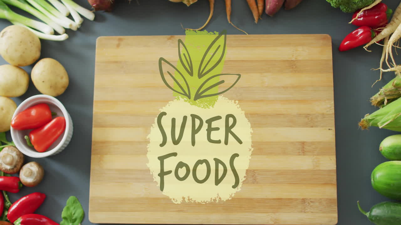 animación de texto de super alimentos sobre una tabla de cortar de madera rodeada de verduras frescas