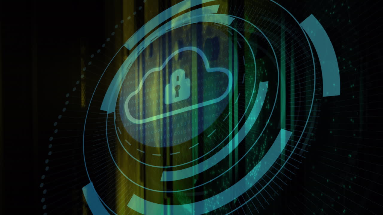 Animation of security padlock and cloud icon on round scanner against computer server room