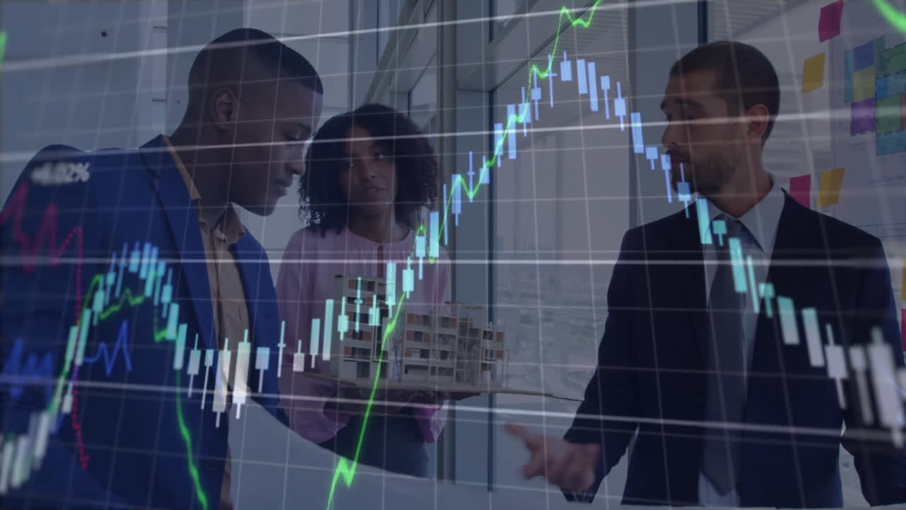 Animation of financial data processing over diverse business people in office