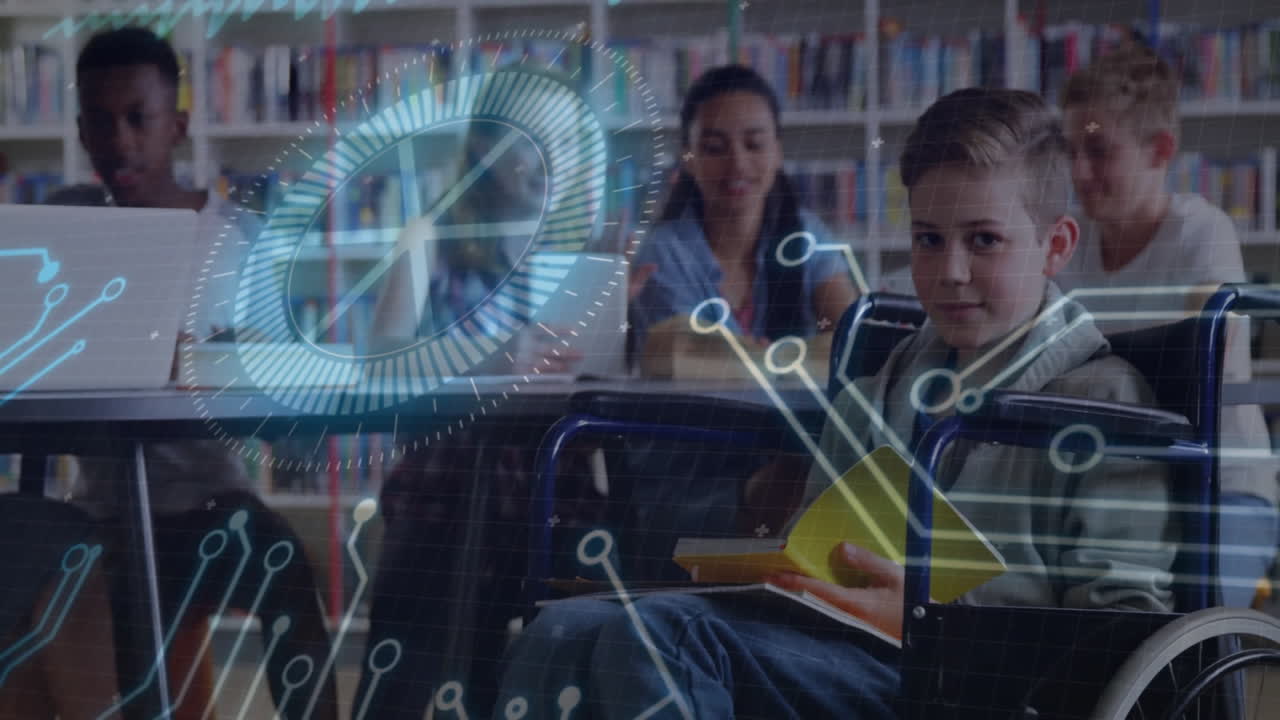 Digital network animation over diverse students reading in library setting