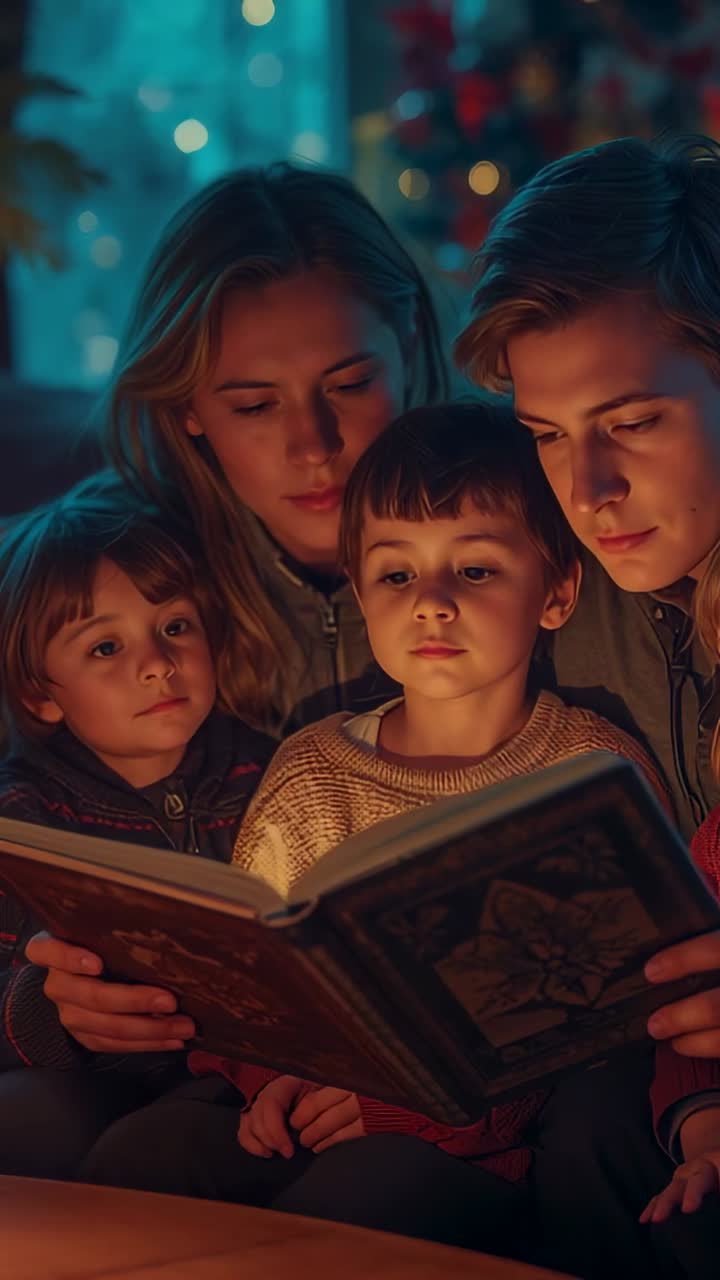 Vertical video: Opening storybook father reading aloud to family by fireplace, with lit tree lights