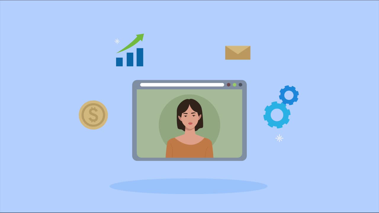 elegant businesswoman in webpage with business icons