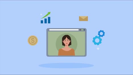 mujer de negocios elegante en la página web con iconos de negocios