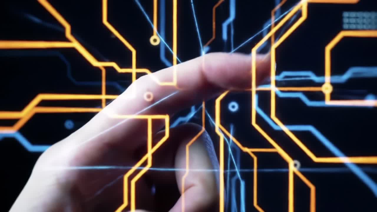 Exploring Digital Connectivity: A Close-Up of a Finger Interacting with an Intricate Circuit Board Display Full of Vibrant Lines and Imagery