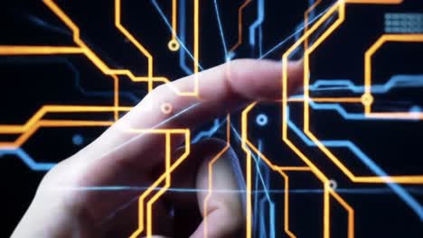 exploring digital connectivity: a close-up of a finger interacting with an intricate circuit board display full of vibrant lines and imagery