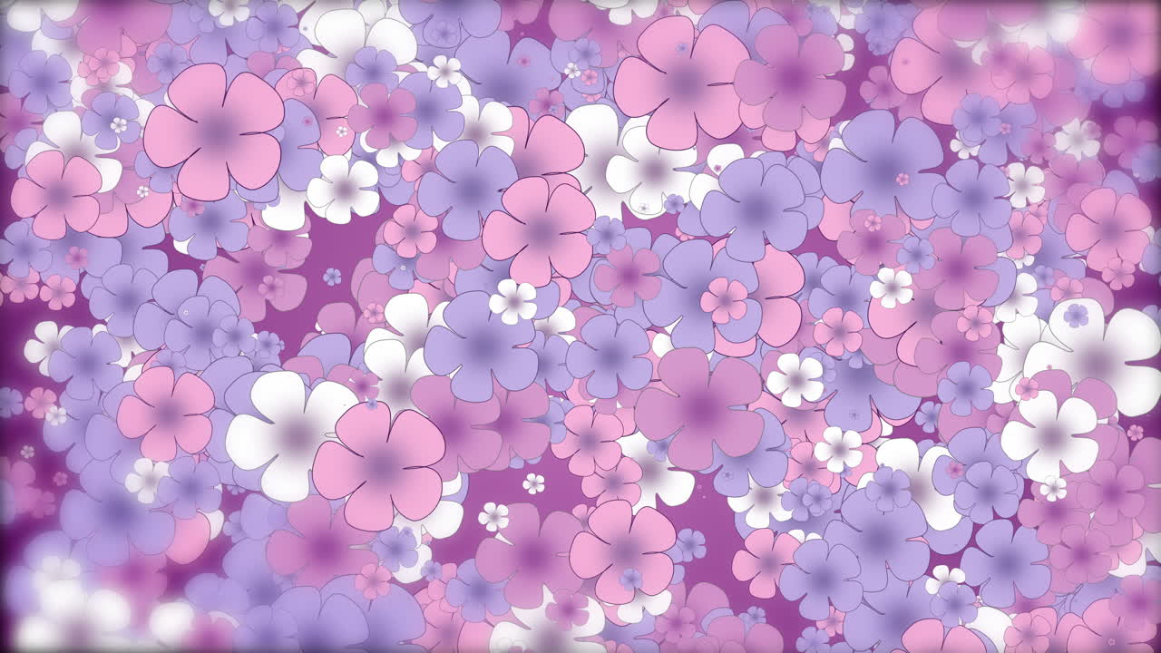 Abstract floral background. Flying of small pink and purple flowers. Spring looped animation.