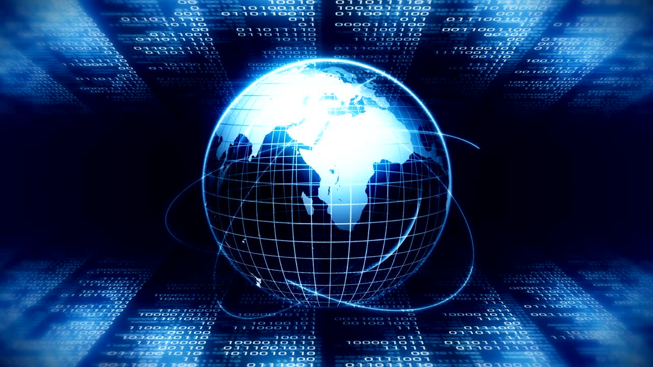 Planet earth with background of binary digits. Binary numbers around global earth. High tech technological loop animation. Number zero and one.