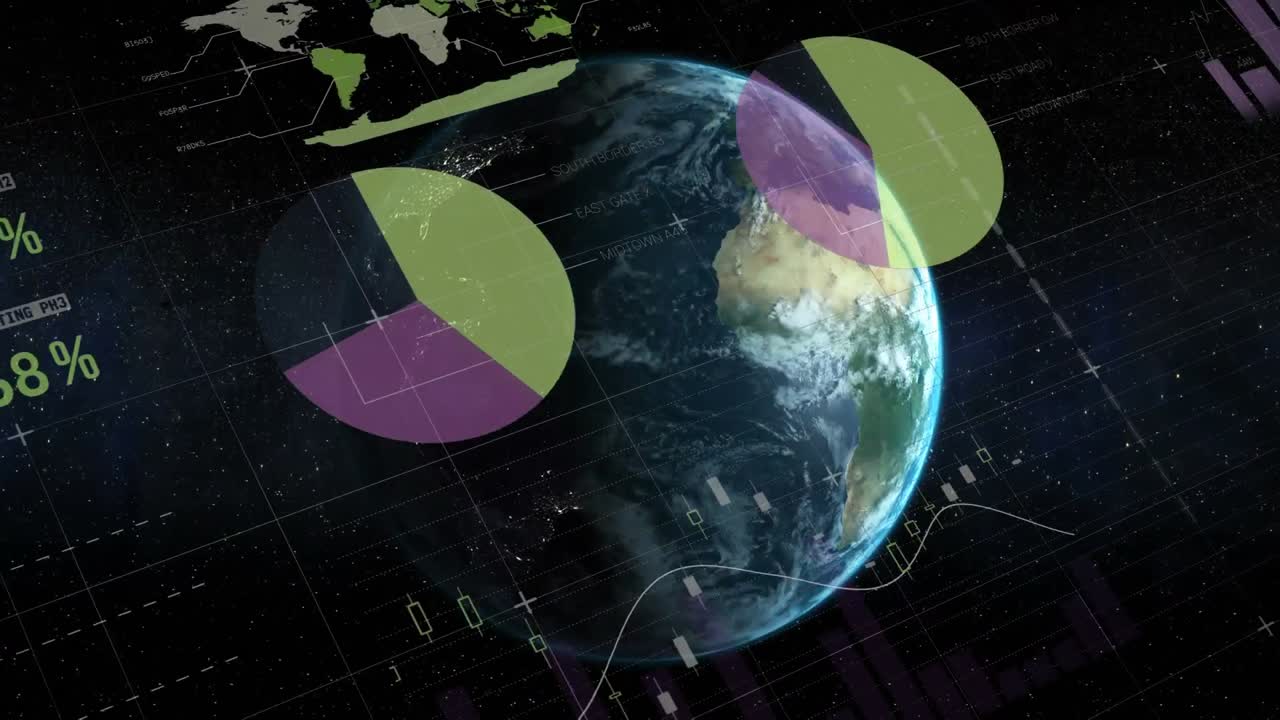 Digital animation of statistical data processing against spot of light and globe rotating in space