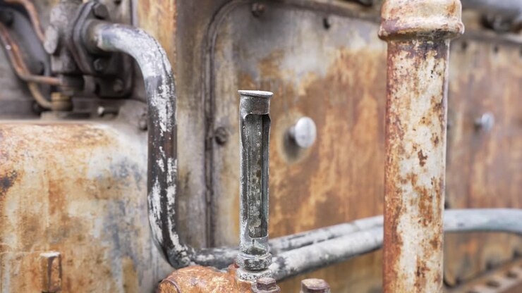 Vecchio motore diesel industriale che mostra forte ruggine e usura su tubi e piastre metalliche.