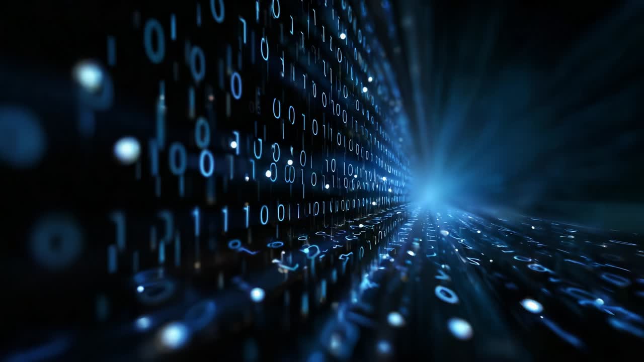 A mesmerizing visual representation of digital data flowing through a vast space, showcasing glowing binary code emanating light and creating a sense of depth in a futuristic environment
