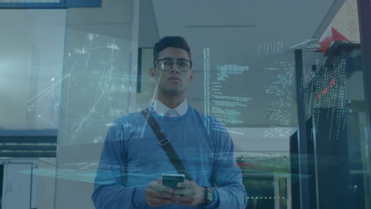 animación del procesamiento de datos financieros sobre un hombre caucásico que usa un teléfono inteligente