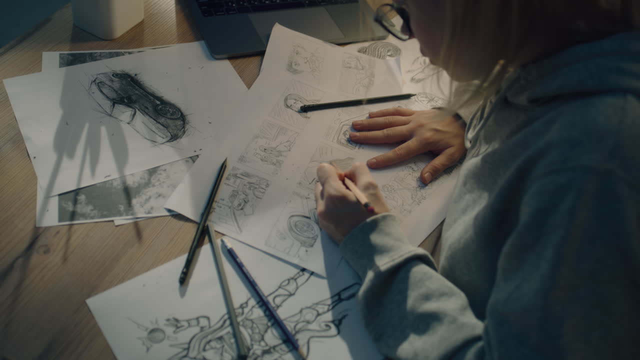 만화책 스케치를 작업하는 예술가