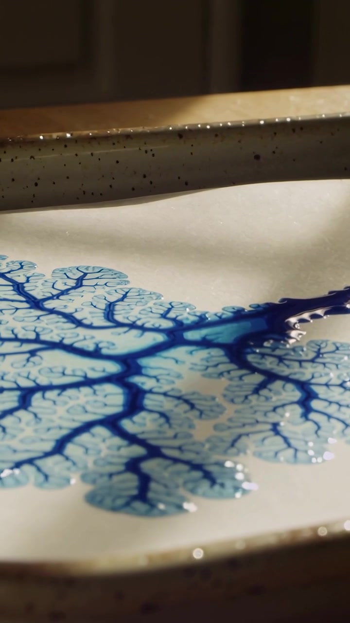 Video verticale: Tintura blu che si espande e forma un motivo ramificato dopo che una goccia colpisce un vassoio maculato.