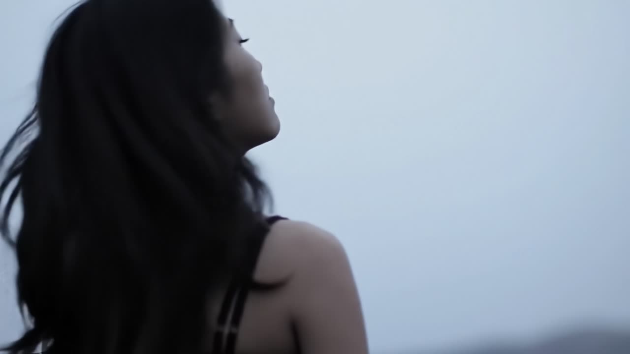 A young woman stands on the edge of a coastal area, staring into the misty horizon as the sun sets. Her hair sways with the gentle breeze, creating a serene atmosphere filled with wonder.