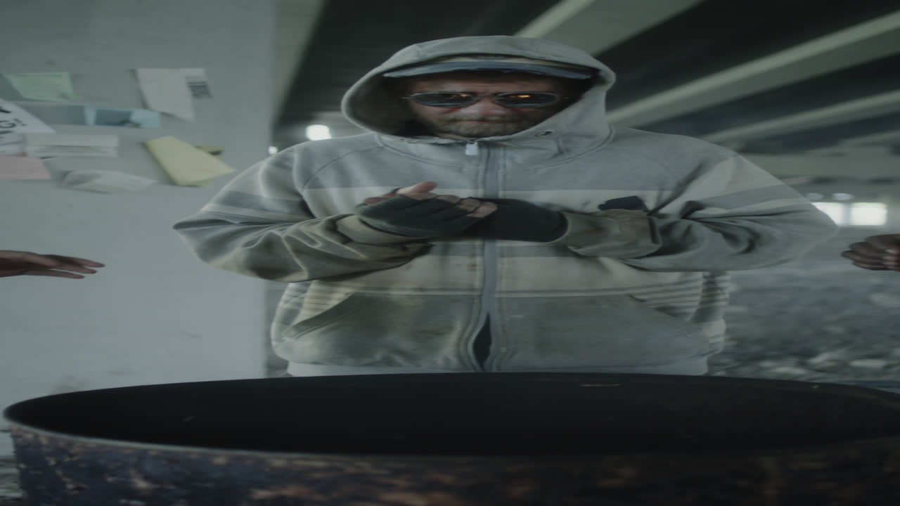 Homeless people warming hands over a barrel fire