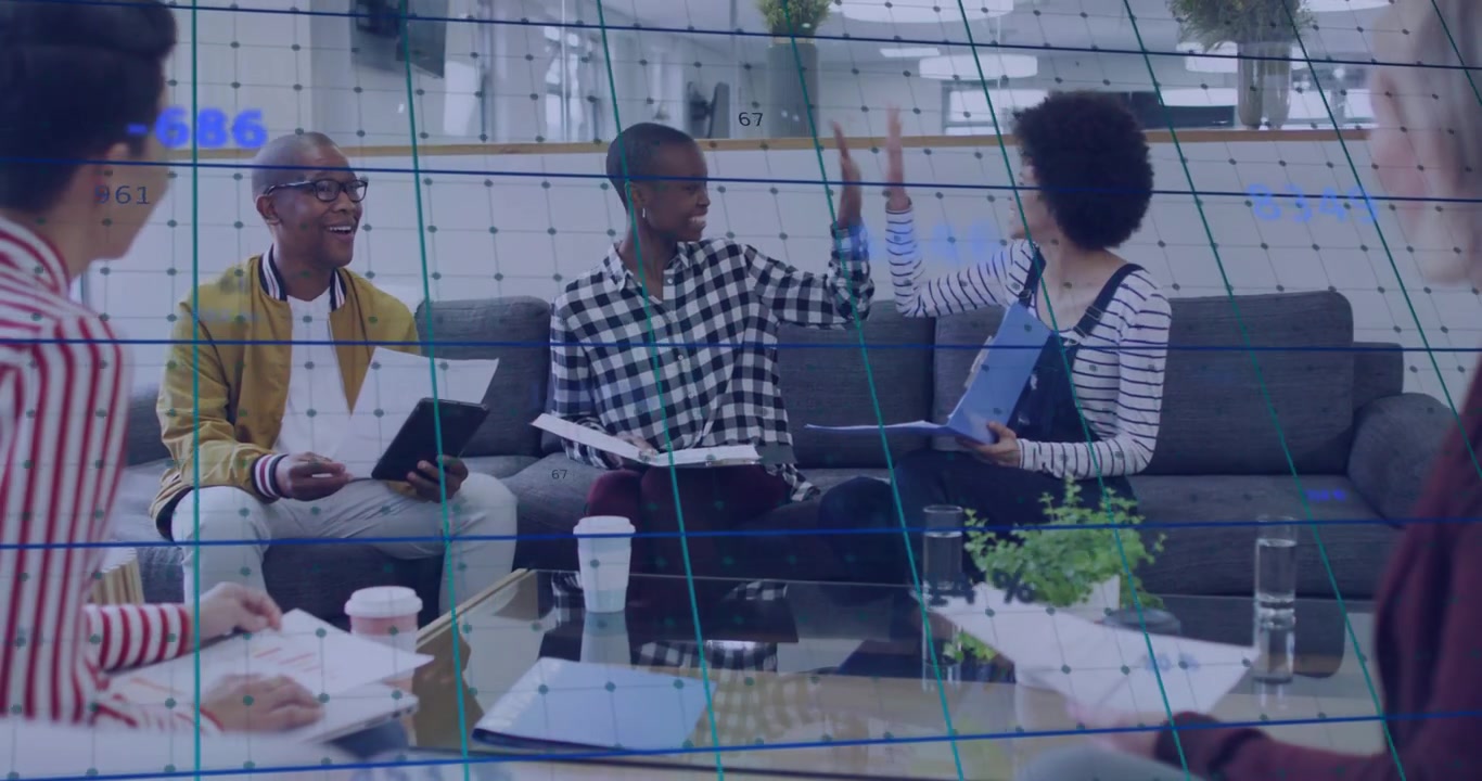 Center sharing data and cheering after right peer pointing folder, grid overlaying business numbers