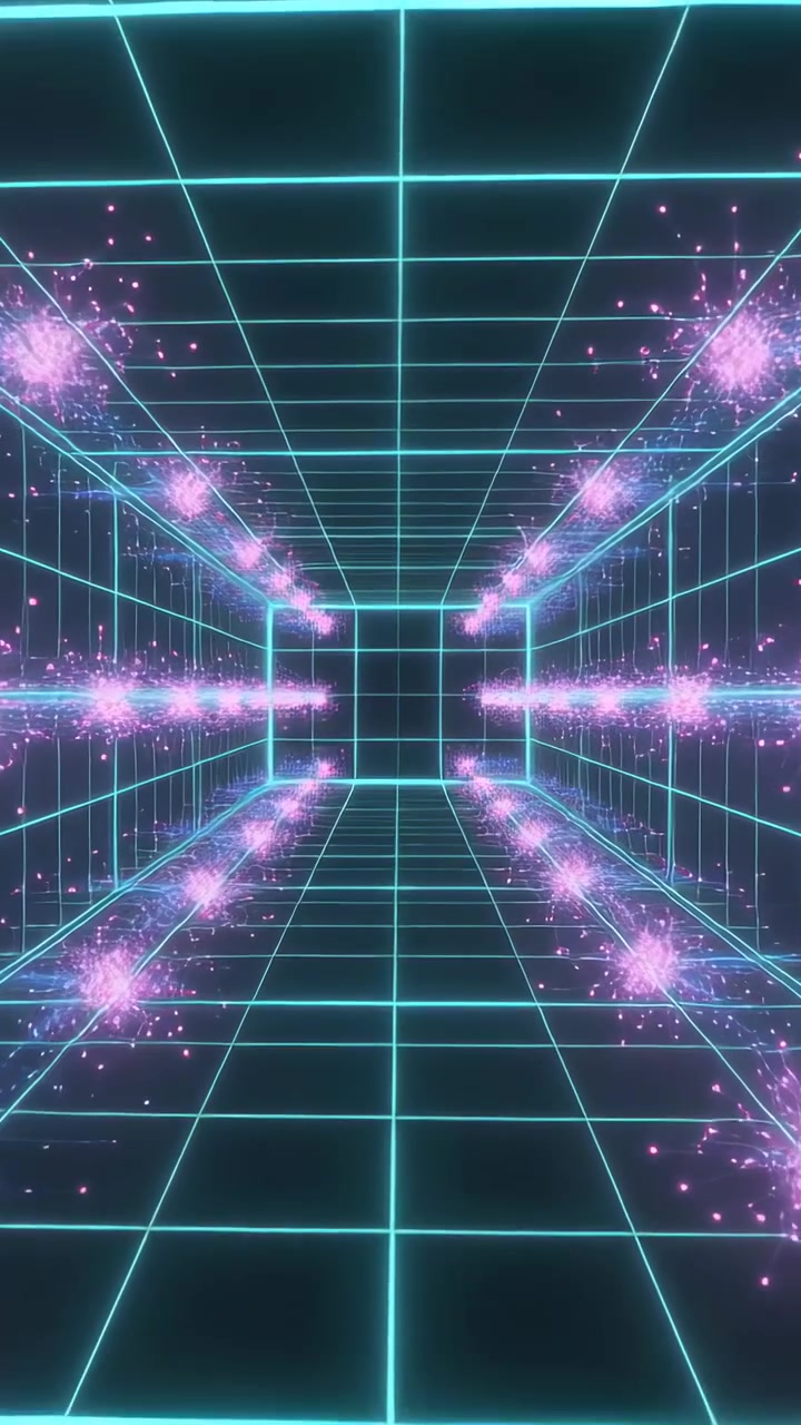 Video verticale: Tunnel a griglia neon ciano in loop con scintille rosa pulsanti che creano un'atmosfera retrò.