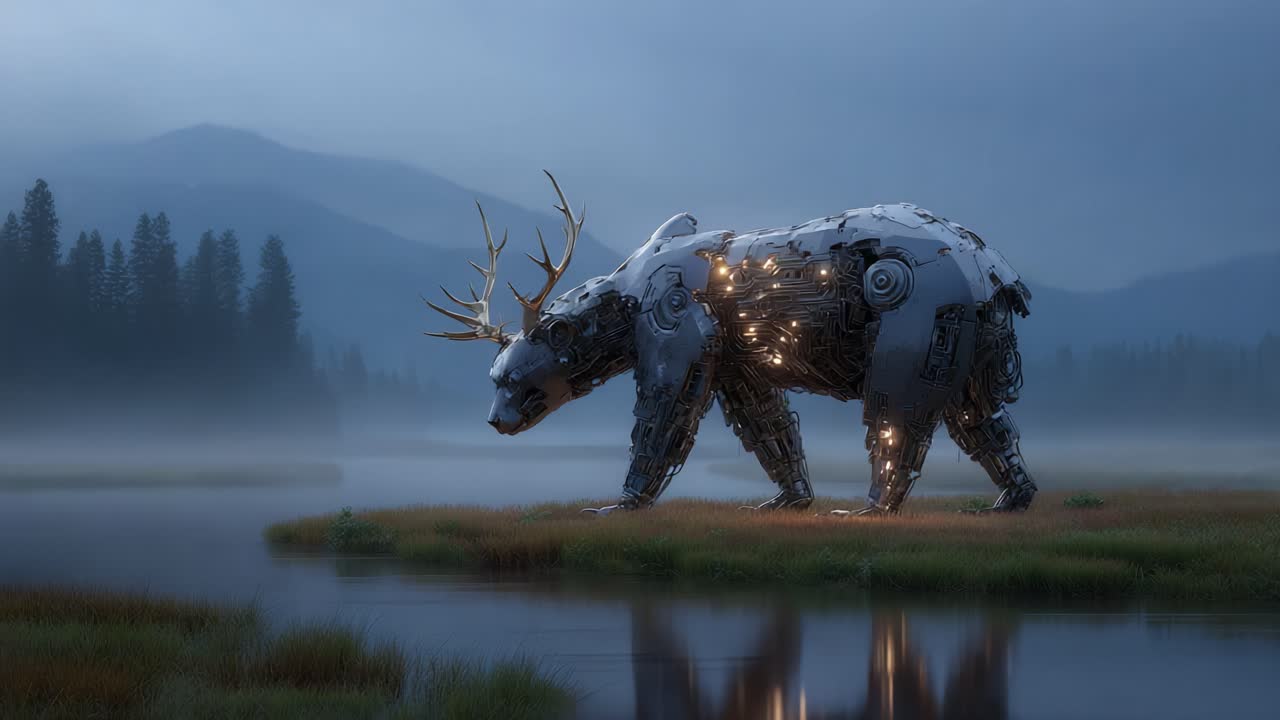 A captivating robotic bear emerges from the foggy wilderness, showcasing a blend of nature and technology, illuminated by glimmering lights amidst a serene landscape