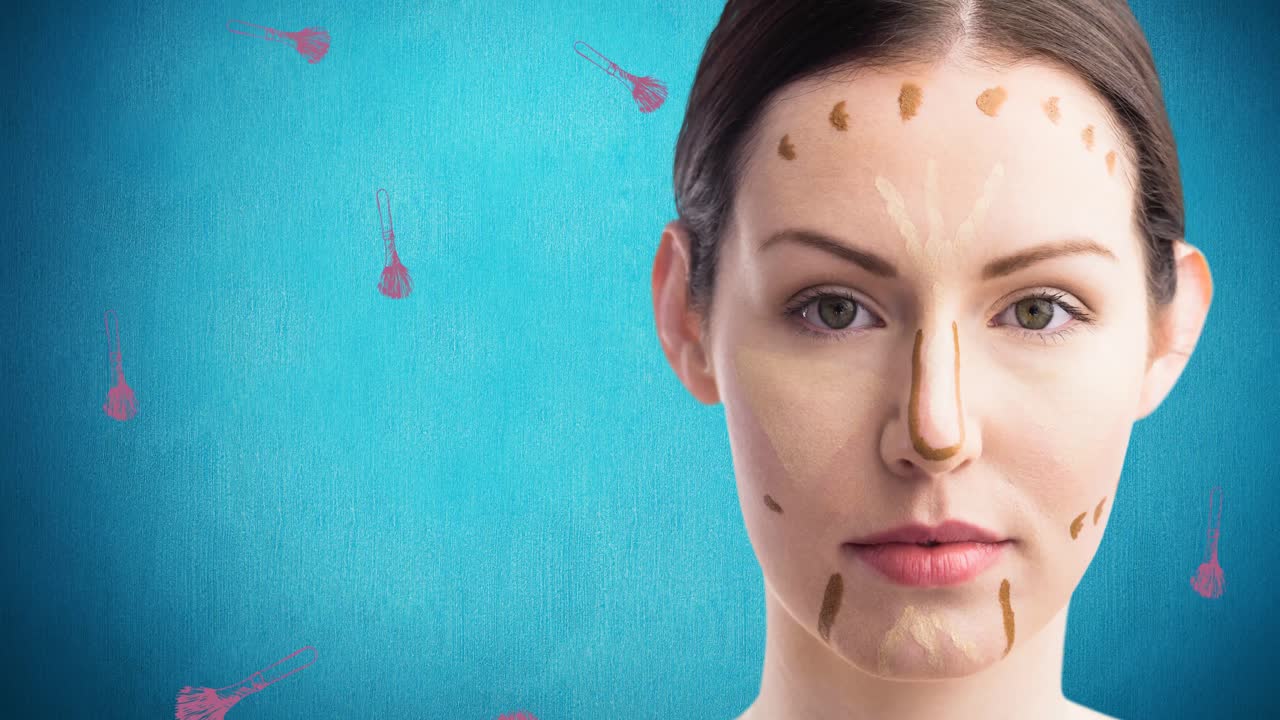 Animation af gentagne makeupbørster med en kvinde på en blå baggrund