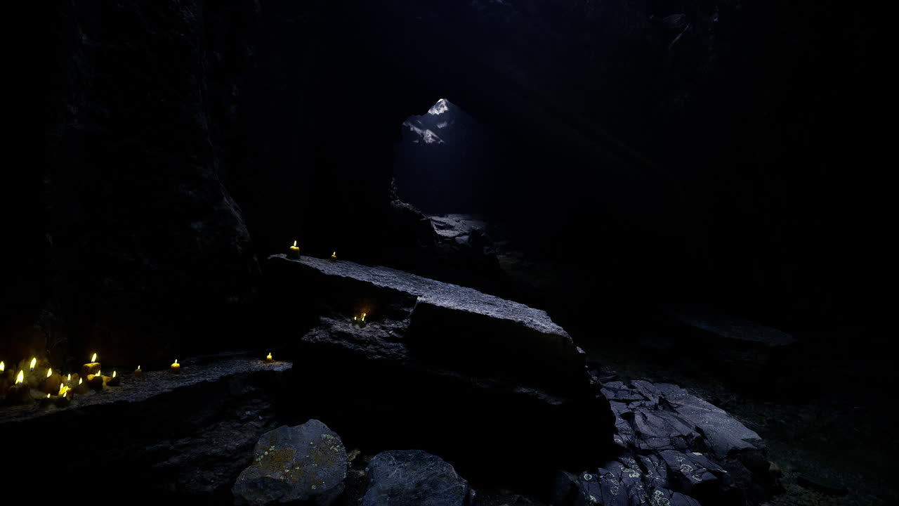 Gentle illumination from entrance battles flickering candles and mineral veins