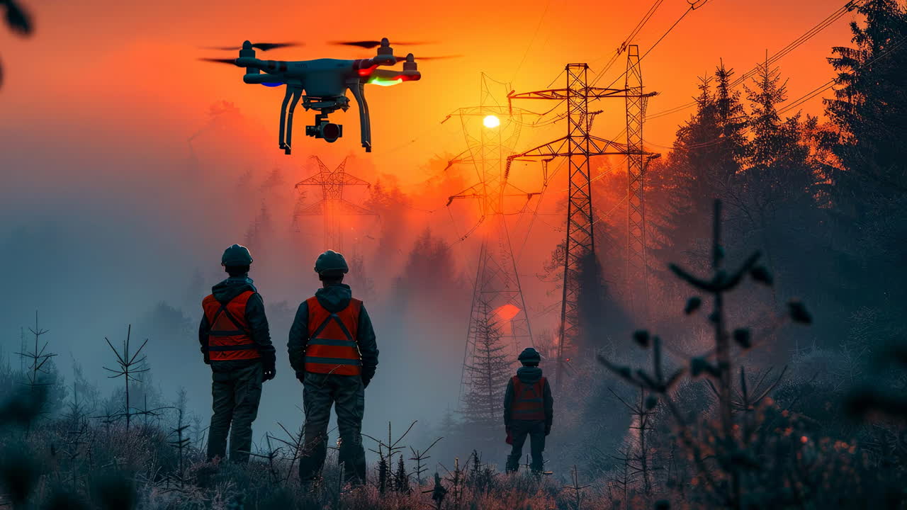 Sunset drone operation near power lines. Three workers observe a drone flying at sunset near power lines surrounded by misty forest