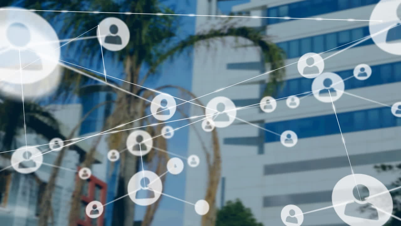 현대적인 사무실 건물 위의 아이콘과 연결 네트워크의 애니메이션