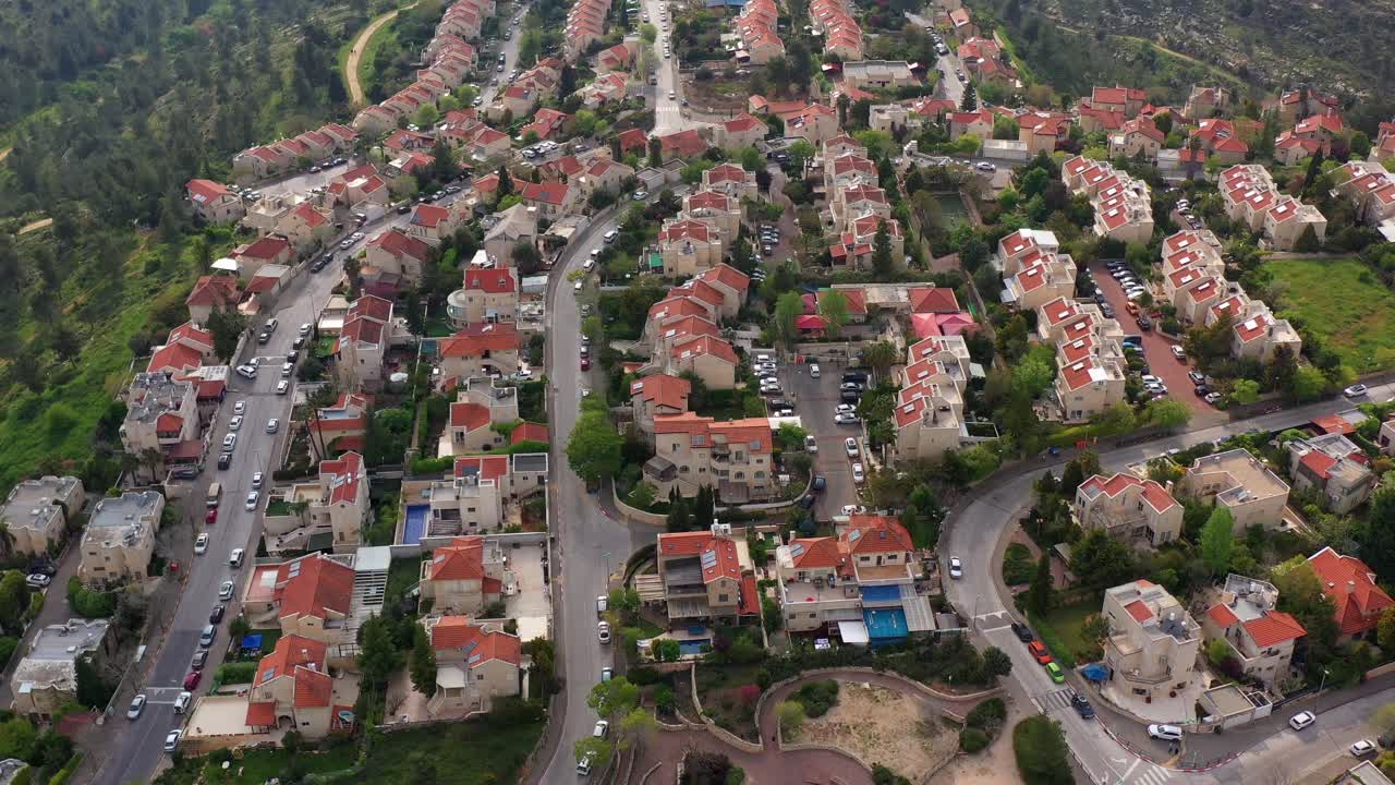 Aerial view of a residential neighborhood with houses and streets