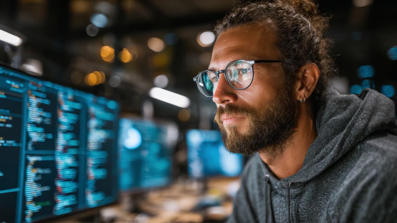 Focused Individual Deep in Thought while Analyzing Data on Dual Monitors in a Modern Tech Environment with Glowing Screens and Ambient Lighting