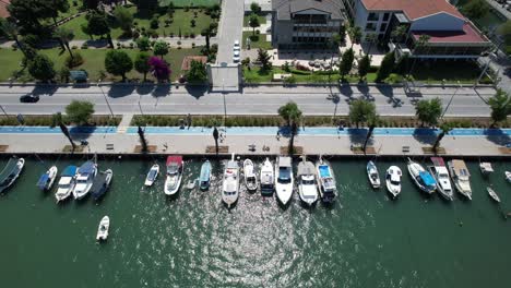 drone shot of boats parked in fethiye marina on the turkish riviera