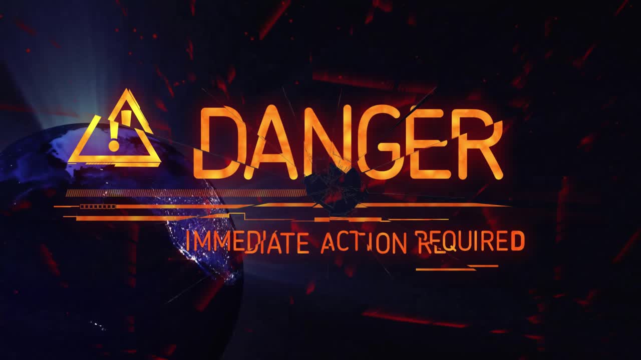 Upon data lines animating in, 3D Earth rotating with fading warning icon, settling text for alert