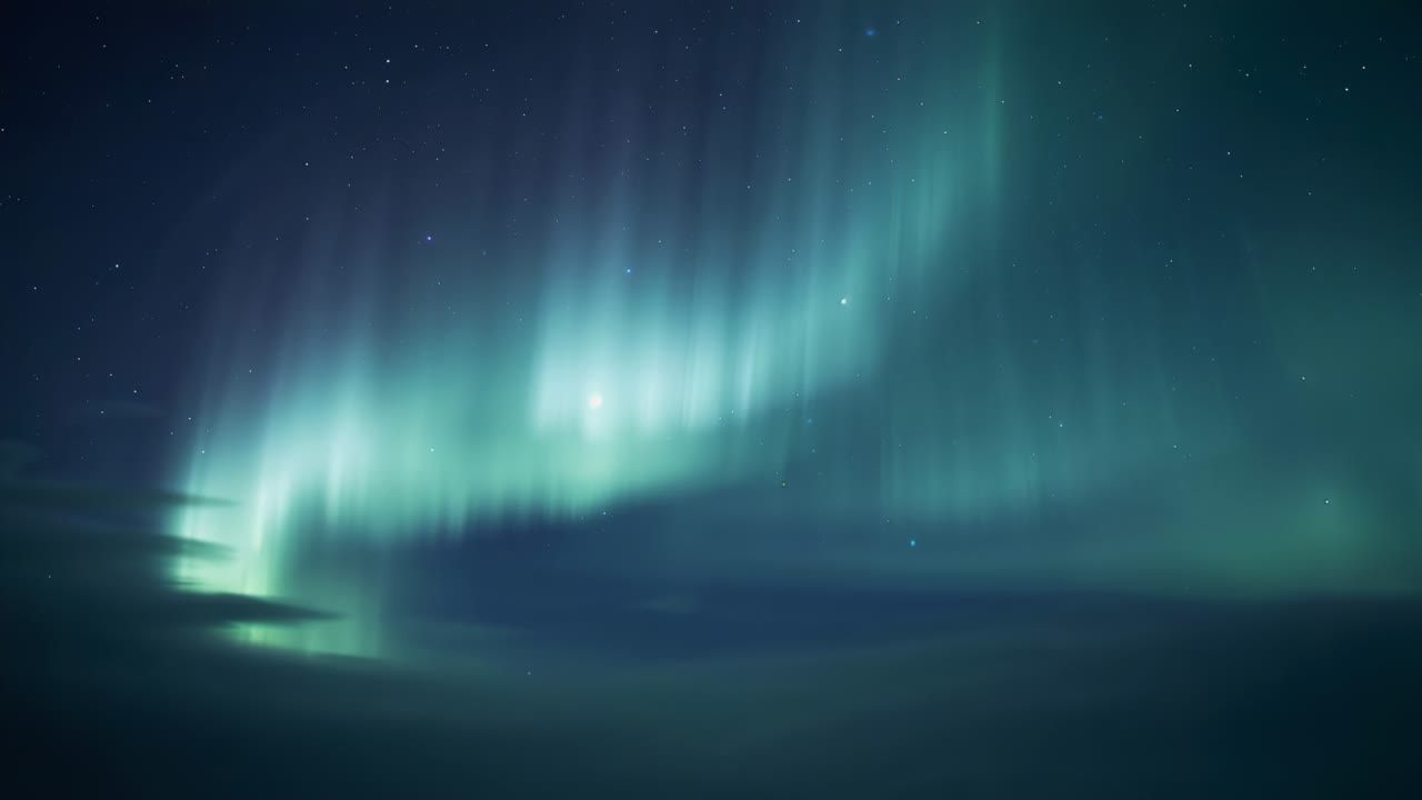 Brightening auroral curtain responding to center pulse, extending rays above low cloud with stars