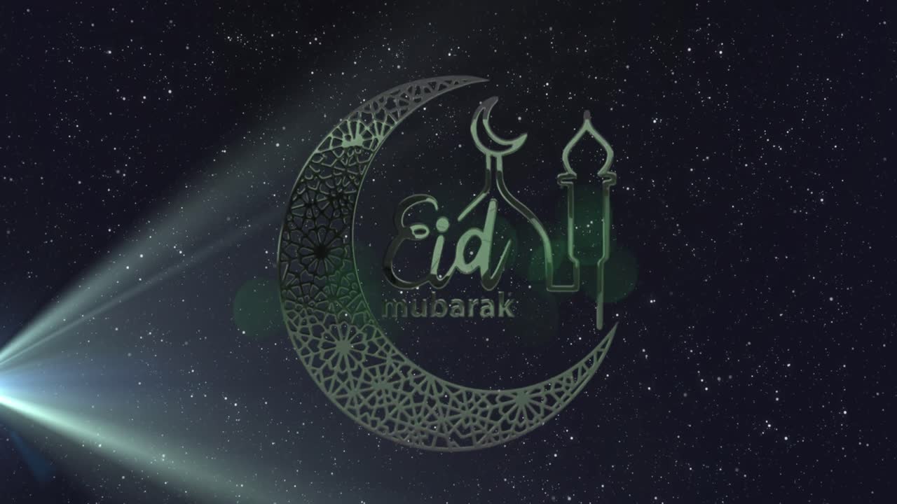 Animazione del testo Eid Mubarak con luna crescente e moschea su sfondo stellato