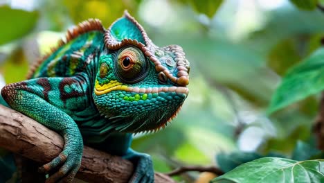 a green chameleon sitting on a tree branch in a forest