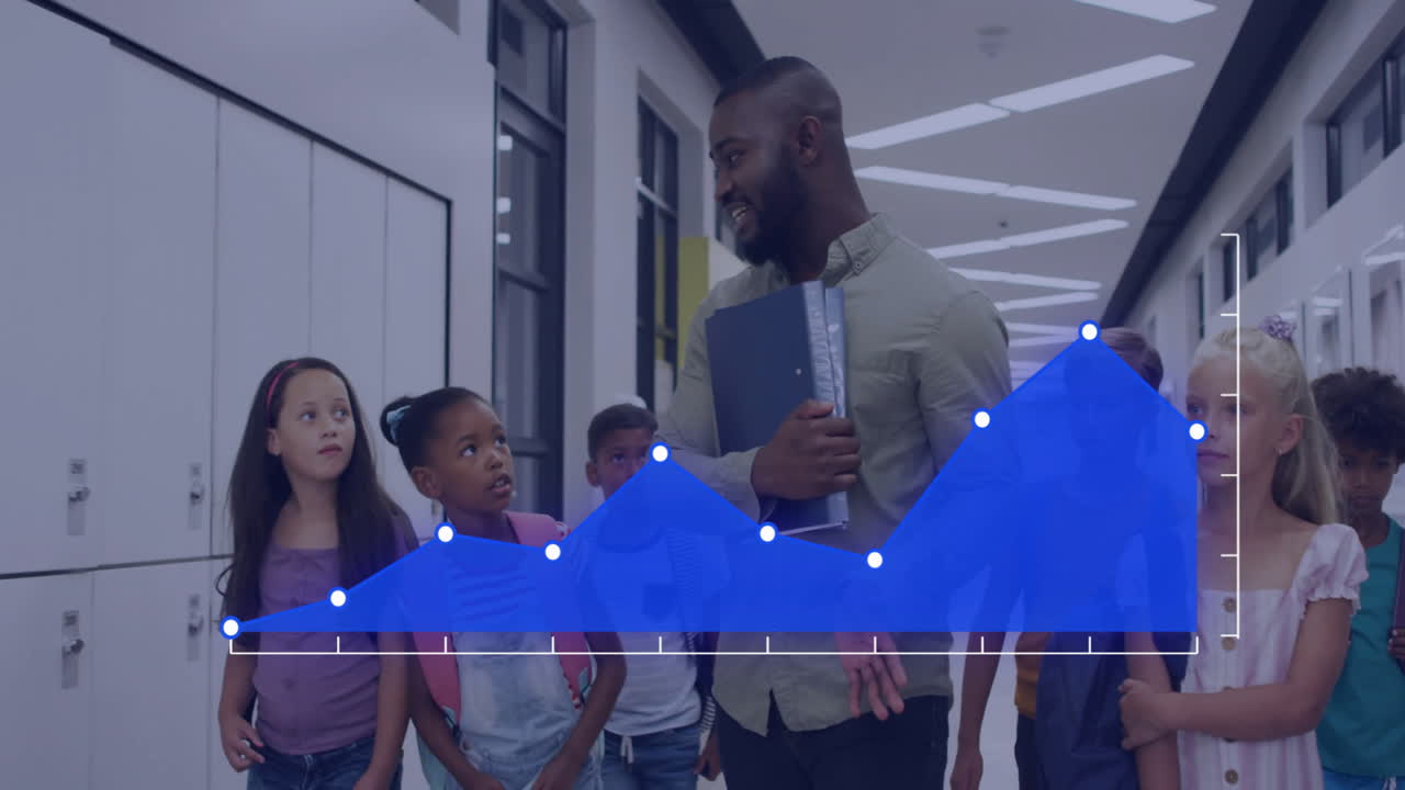 Animation of data processing over diverse schoolchildren and male teacher in classroom