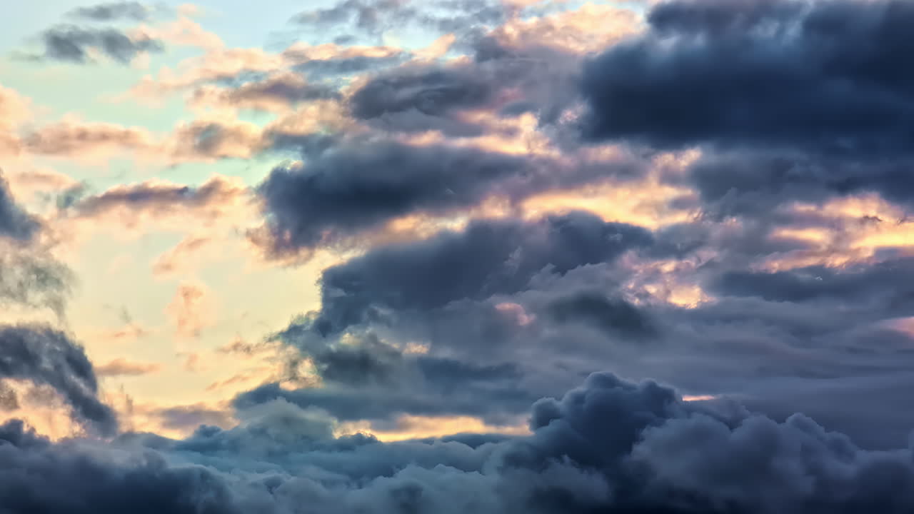 Dramatic Cloud Layers and Soft Sunset Light Illuminating Evening Sky Patterns as natural background video