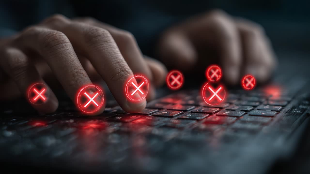 A Close-Up View of Hands Typing on a Keyboard with Illuminated Red Icons, Highlighting Errors or Unsuccessful Inputs in a Dark Environment
