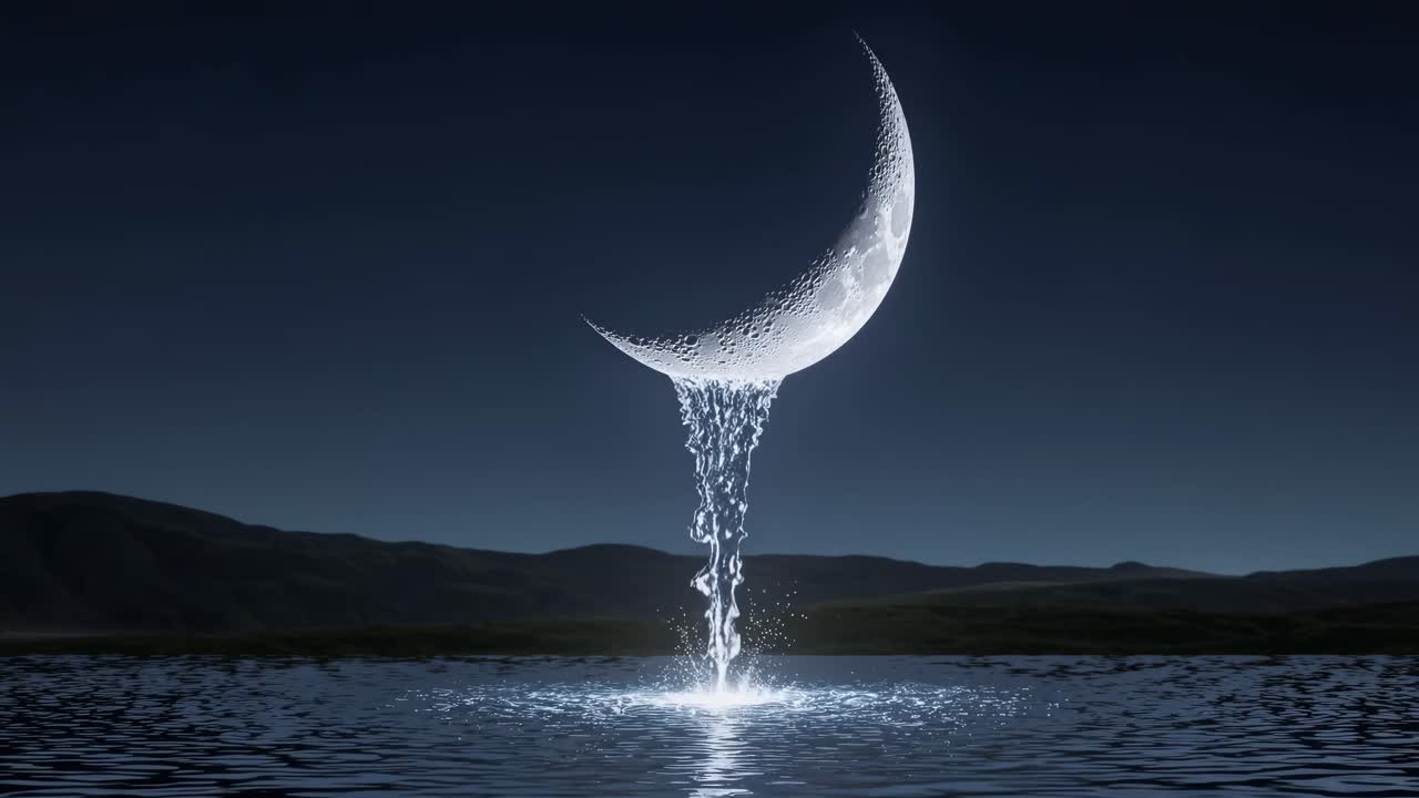 Surreal video concept of a crescent moon pouring water into a lake