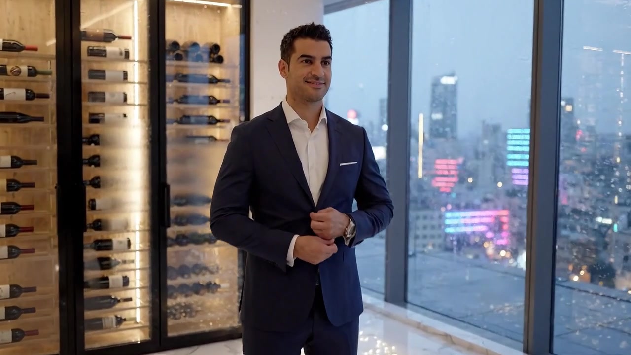 Um Homem Elegantemente Vestido Permanece Confiante em um Cenário Moderno Luxuoso com Vista para uma Cidade com Luzes de Neon Vibrantes e uma Exposição de Vinhos ao Fundo