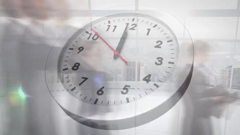 animation of ticking clock against time-lapse of businesspeople walking at office