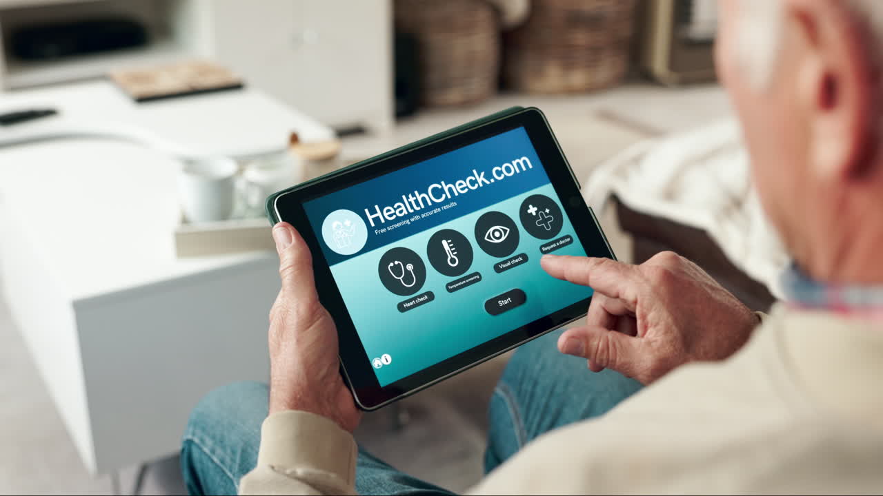 Senior using a tablet for a health check