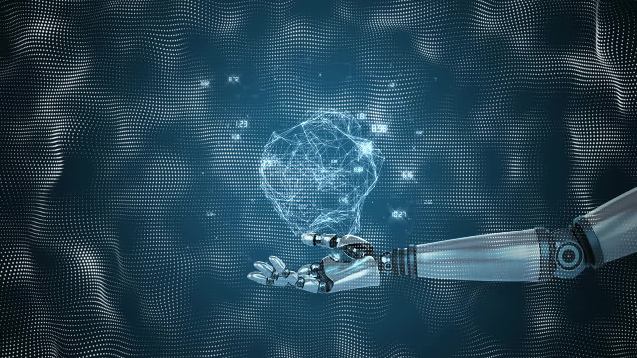 디지털 글로브와 상호 작용하는 로 손은 미래 기술 애니메이션을 보여줍니다.