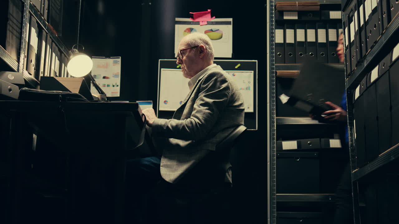 Investigators studying historical maps of crime scenes using classified records