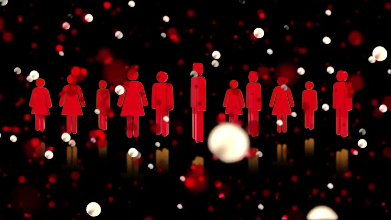 검은색 배경에  ⁇ 색 반점과 빨간색 사람 아이콘의 애니메이션