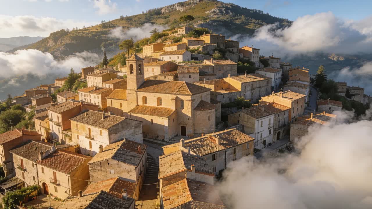 Dissipation de la brume, une brise révélant un village sur une crête ensoleillée avec une église en pierre, un clocher et des toits de tuiles.