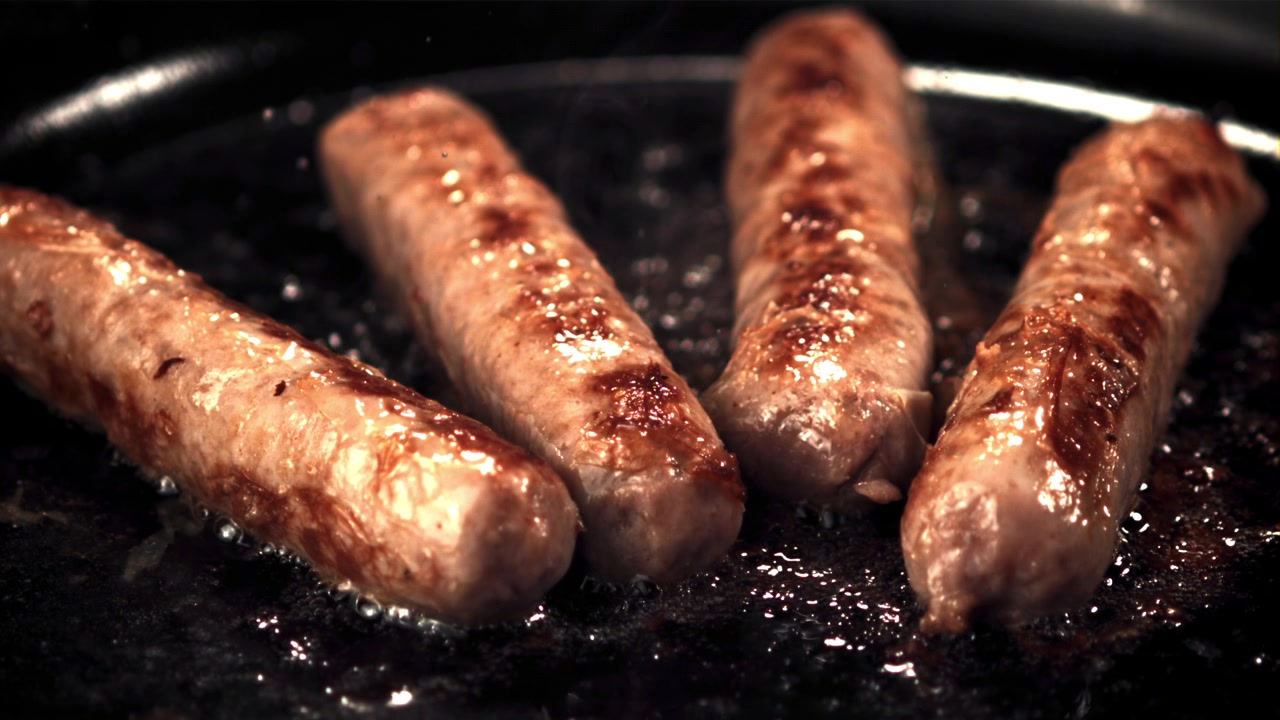 Salsicce che friggono e sfrigolano in una padella calda