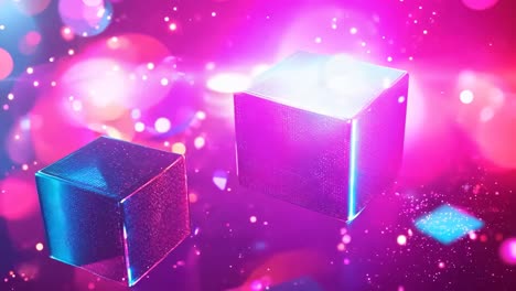 a blue and pink background with three cubes in the foreground. the cubes are lit up and appear to be floating in space. scene is futuristic and otherworldly