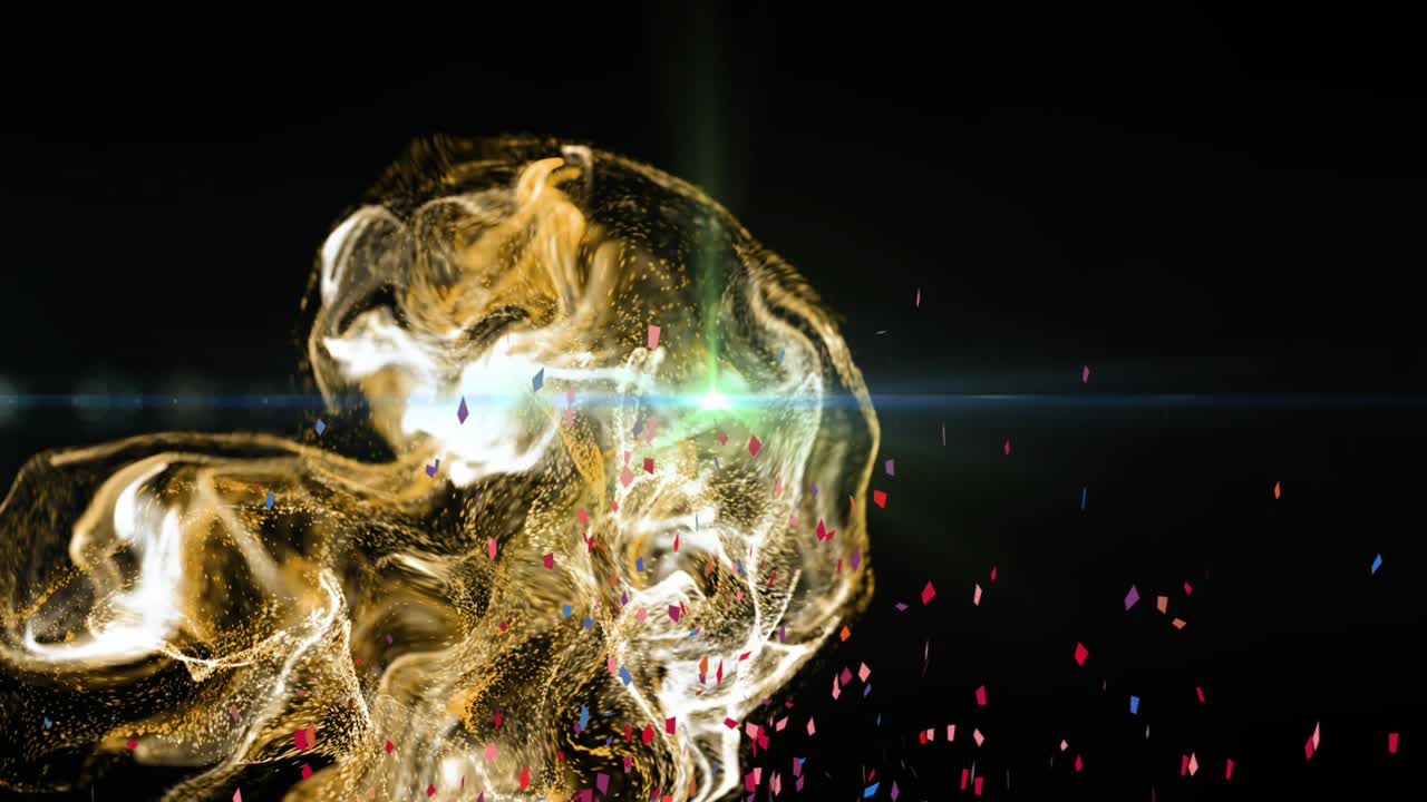 Flare flaring, causing gold fluid rising, folding as confetti descends, showing shimmer