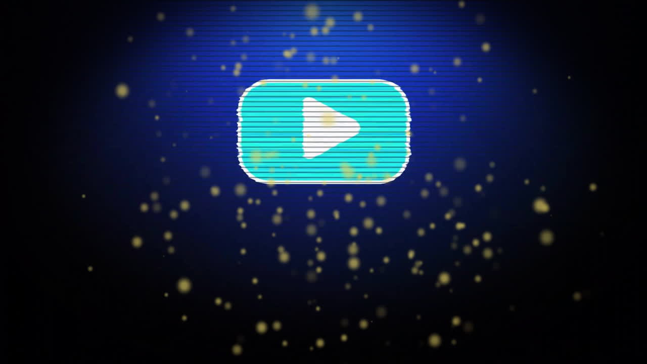 Play button animation over blue background with floating yellow particles