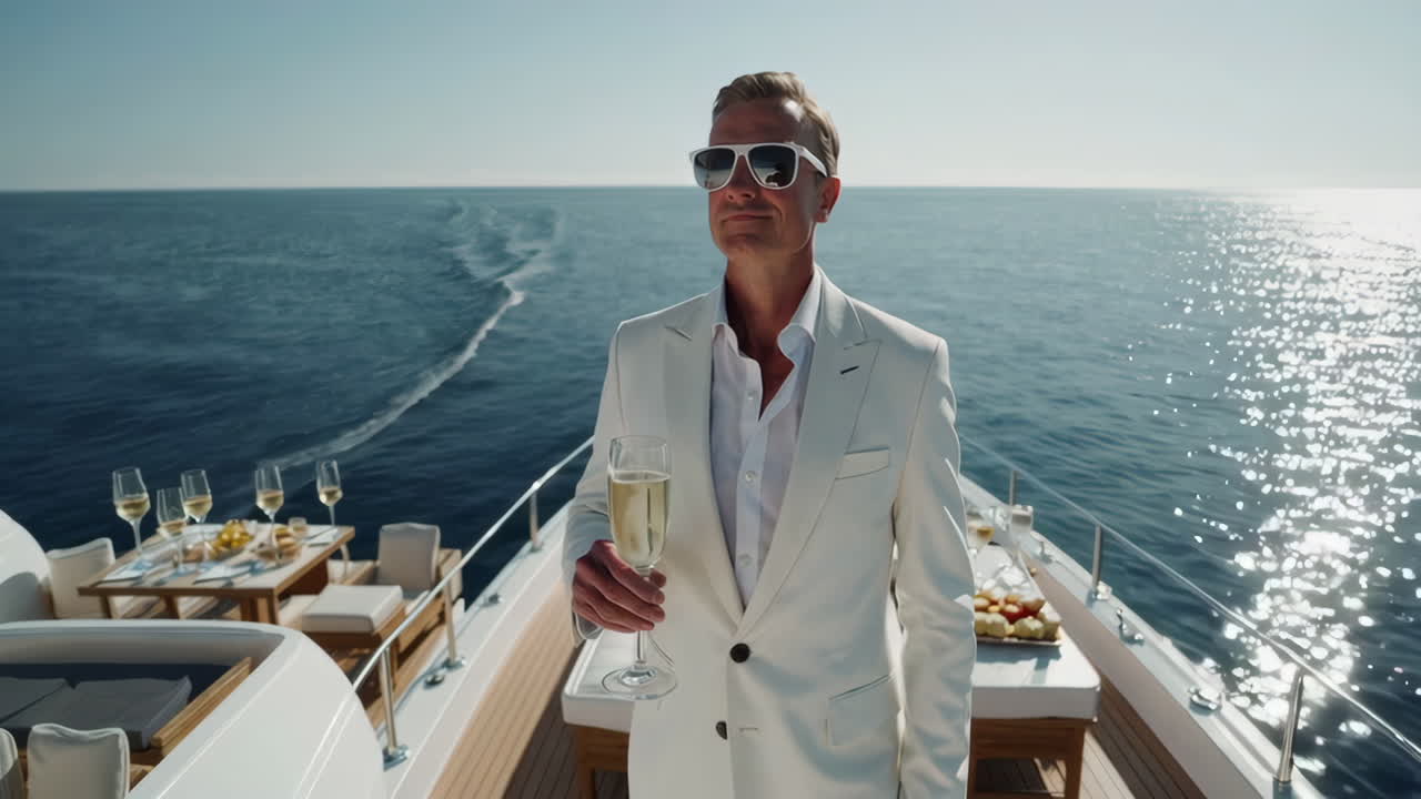Man in a white suit enjoying champagne on a luxury yacht