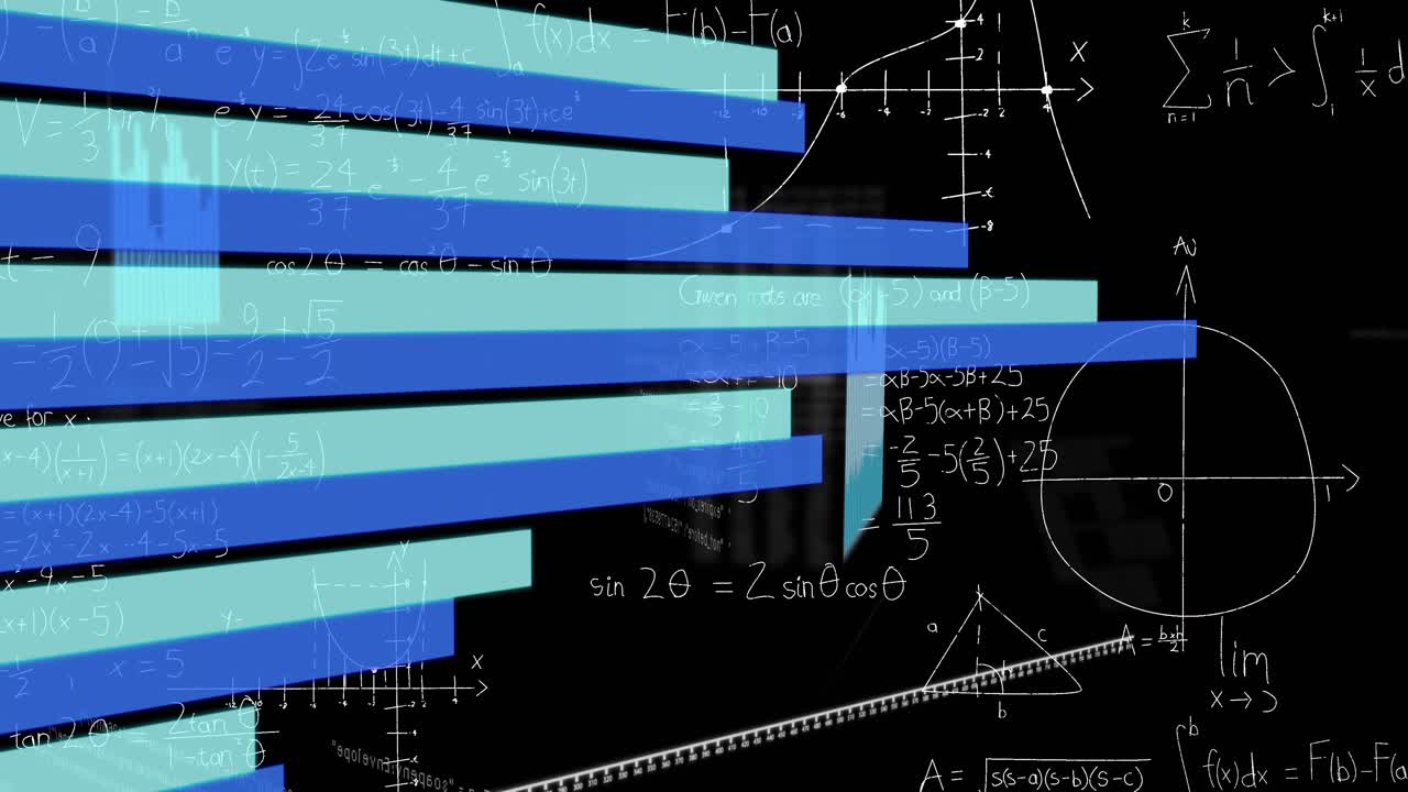 Translucent blue teal bars floating over white hand drawn math equations in layered 3D illustration